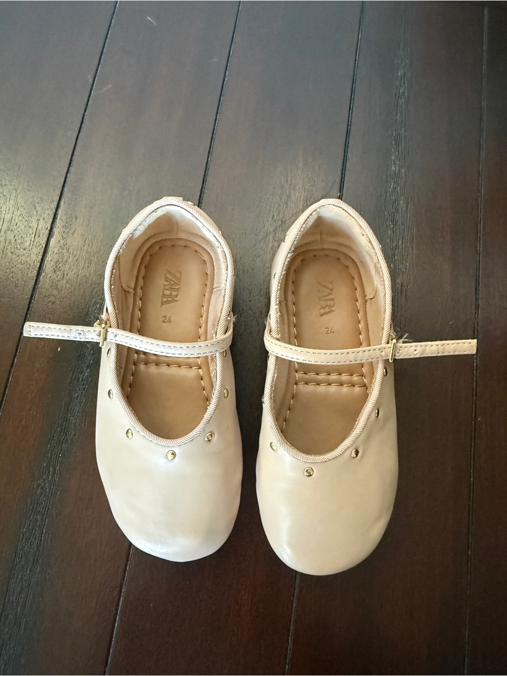 Zara Girls Cream Mary Jane Flats with Gold Studs